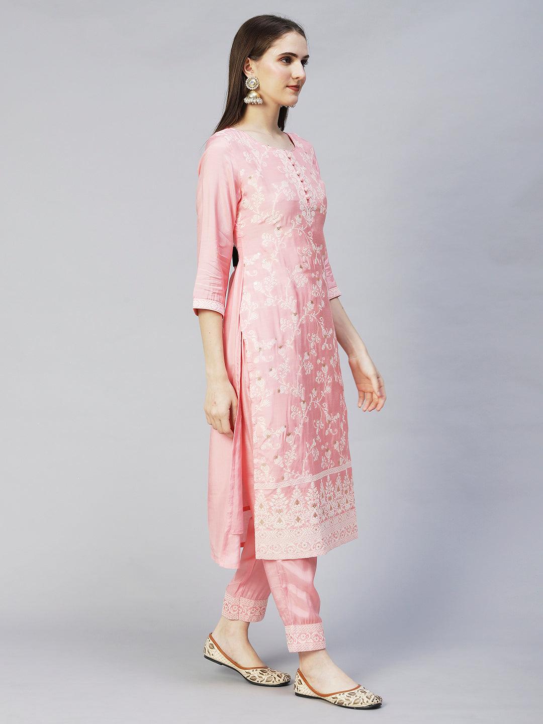 Ethnic Woven Straight Fit Kurta with Pants & Dupatta - Pink - Indiakreations