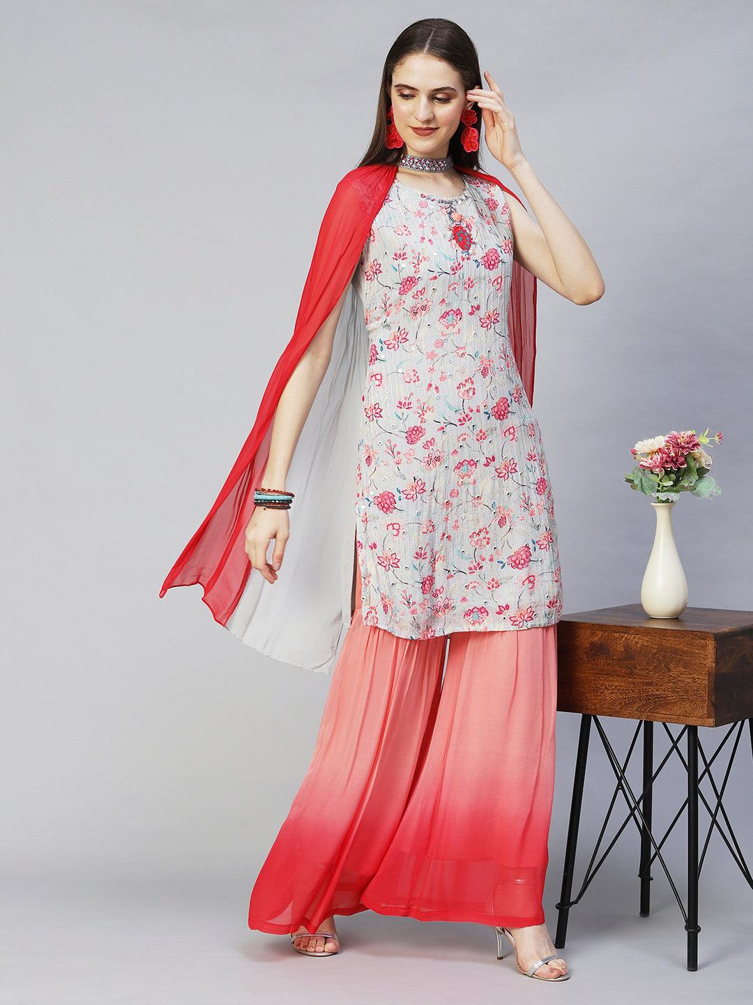 Floral Printed & Hand Embroidered Kurta with Sharara & Dupatta - Light Gray - Indiakreations