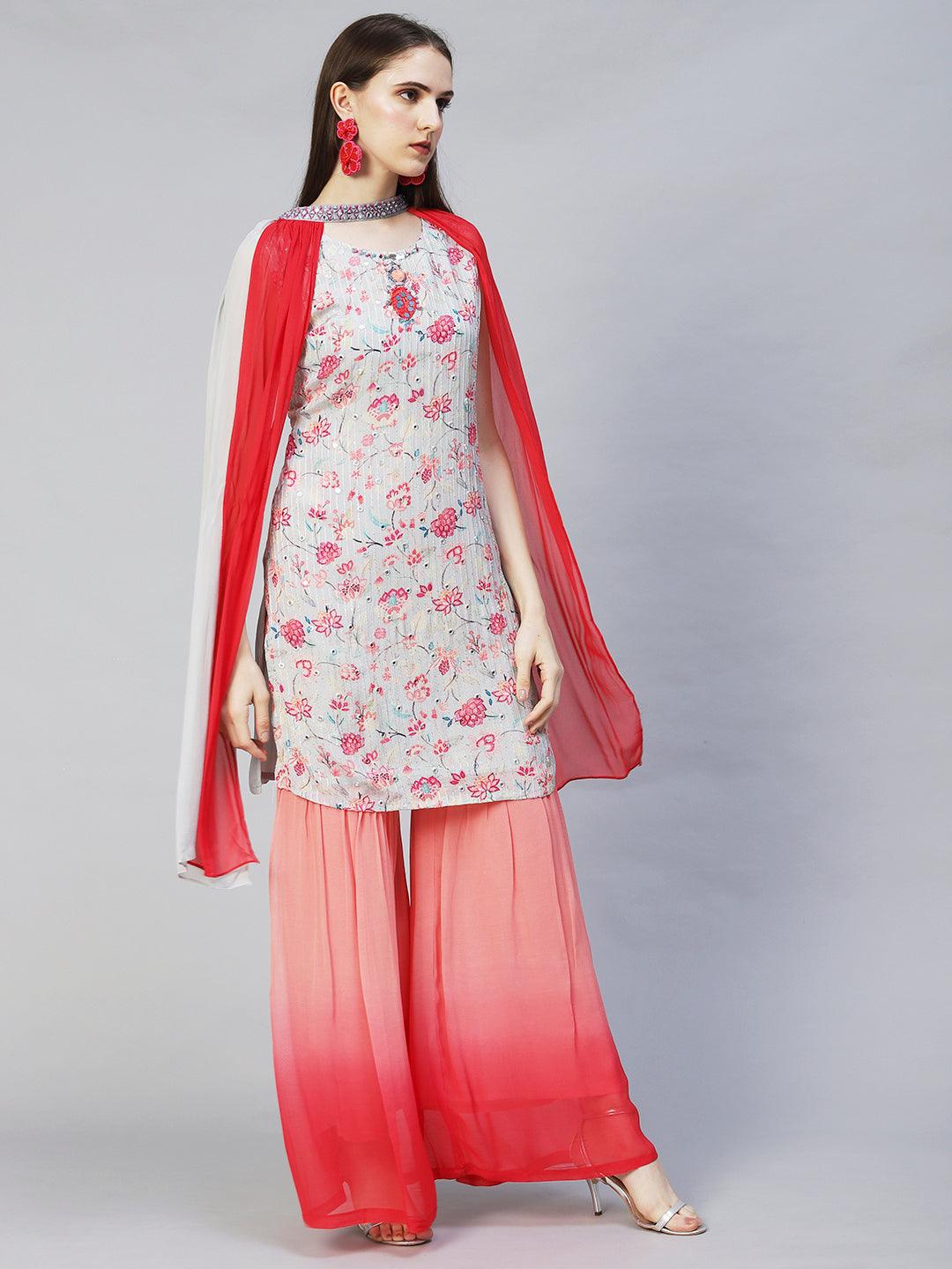 Floral Printed & Hand Embroidered Kurta with Sharara & Dupatta - Light Gray - Indiakreations