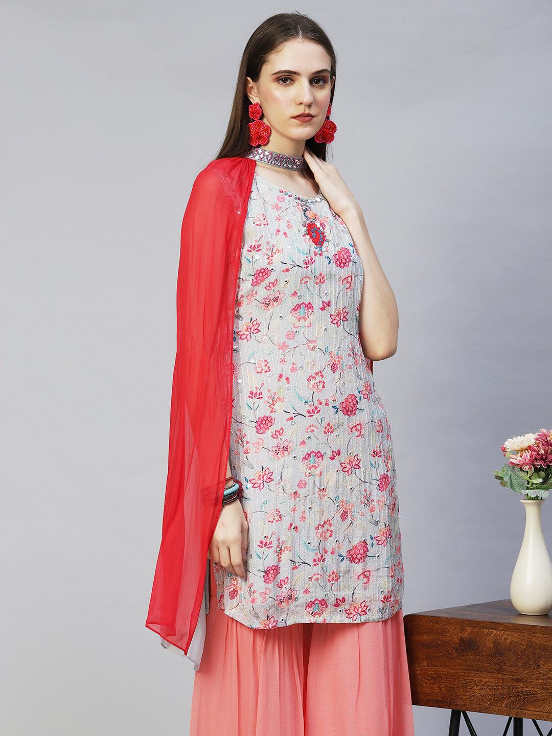 Floral Printed & Hand Embroidered Kurta with Sharara & Dupatta - Light Gray - Indiakreations