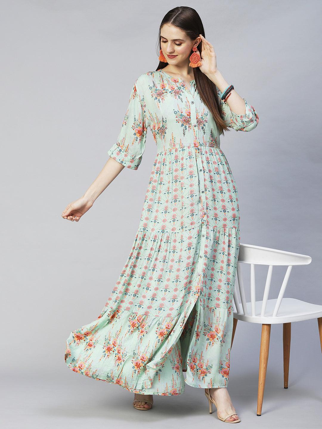 Title - Floral Printed & Embroidered Tiered Flared Maxi Dress - Mint Green - Indiakreations