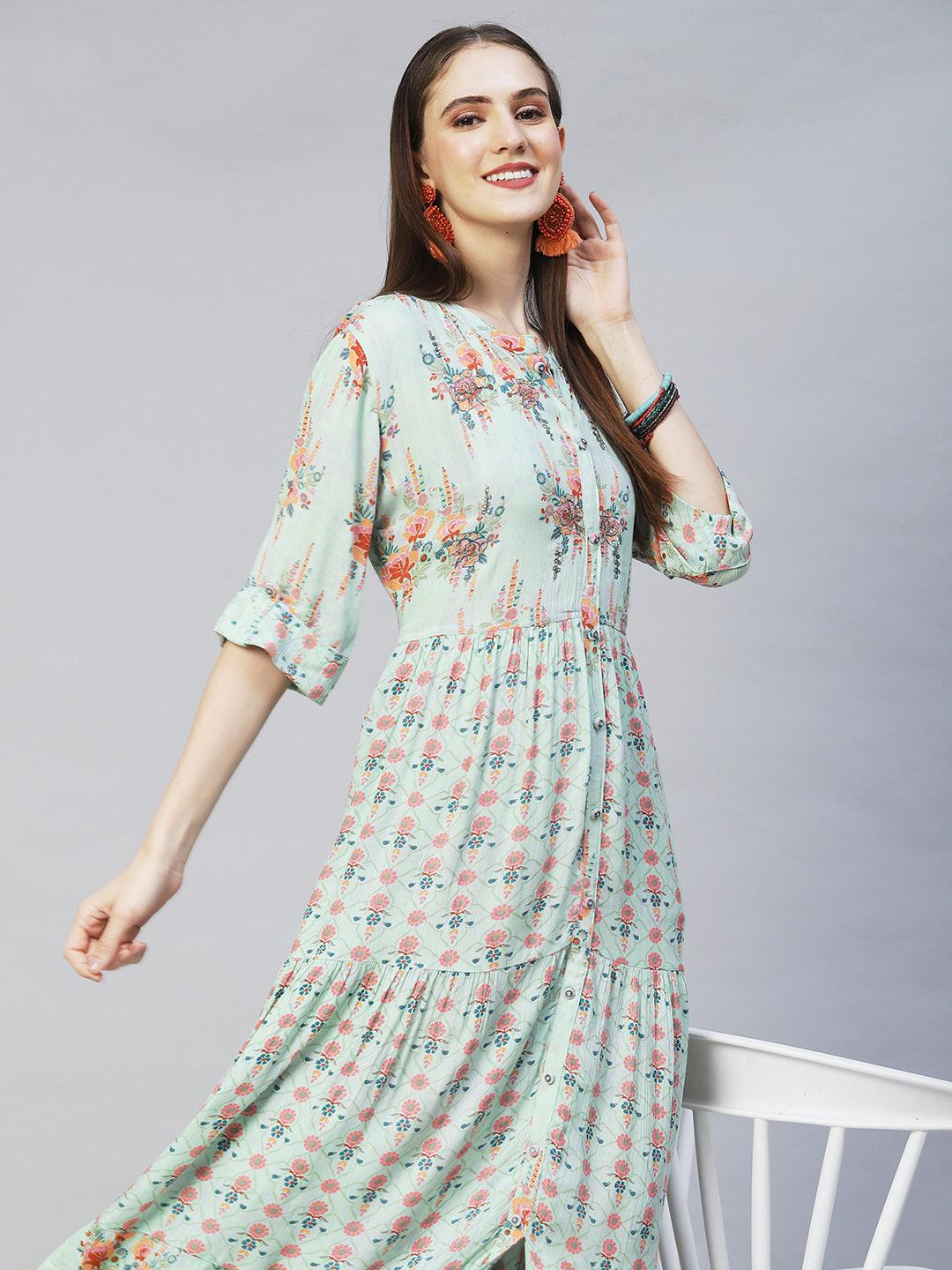 Title - Floral Printed & Embroidered Tiered Flared Maxi Dress - Mint Green - Indiakreations