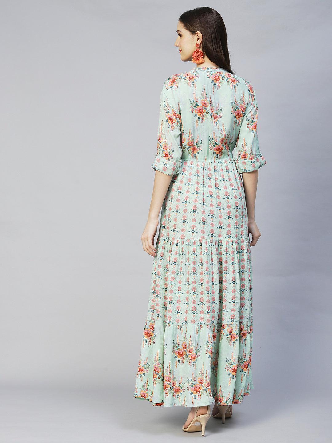 Title - Floral Printed & Embroidered Tiered Flared Maxi Dress - Mint Green - Indiakreations