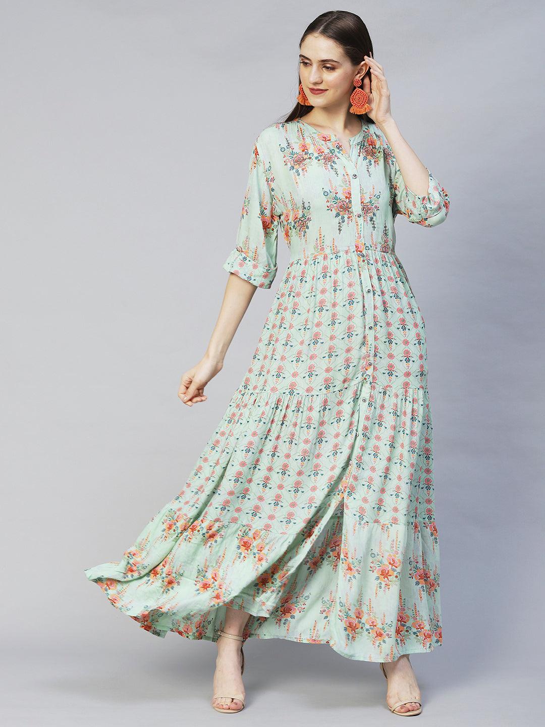 Title - Floral Printed & Embroidered Tiered Flared Maxi Dress - Mint Green - Indiakreations