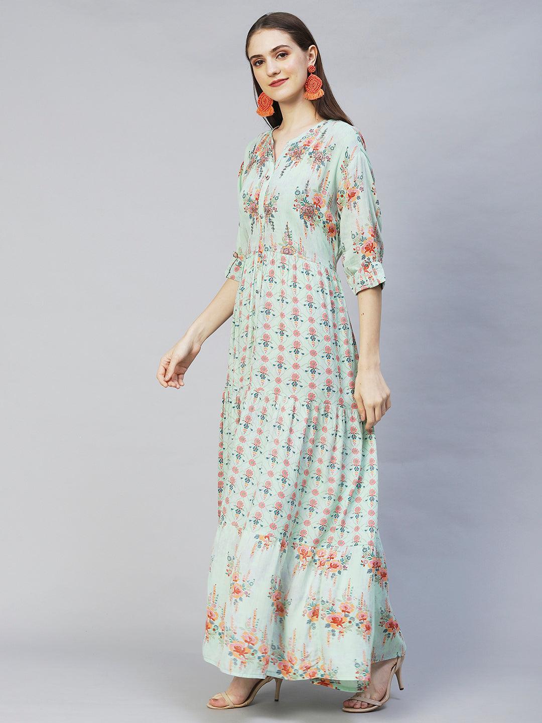 Title - Floral Printed & Embroidered Tiered Flared Maxi Dress - Mint Green - Indiakreations