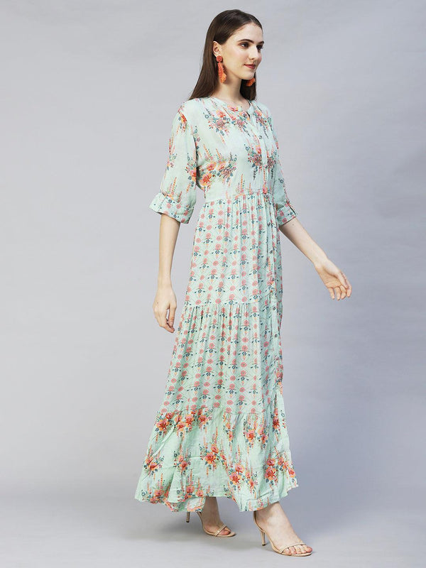 Title - Floral Printed & Embroidered Tiered Flared Maxi Dress - Mint Green - Indiakreations