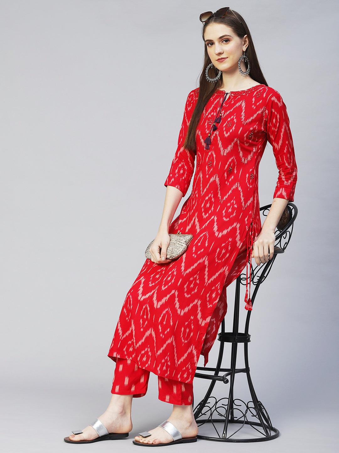 Ikat Printed & Embroidered Straight Fit Kurta with Pants - Red - Indiakreations