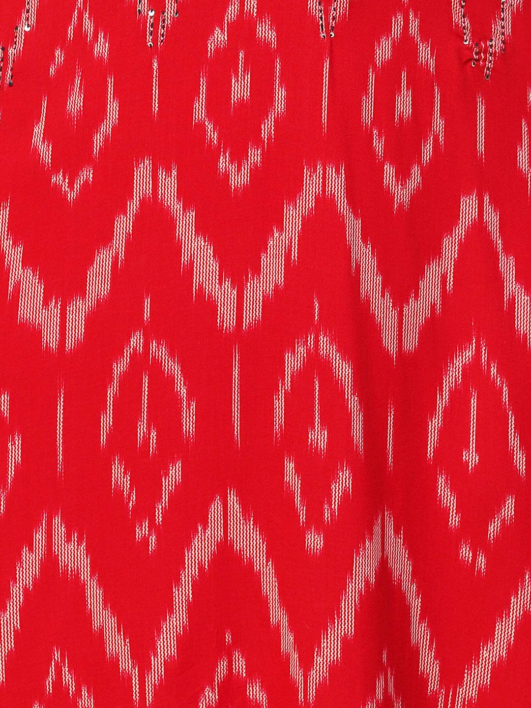 Ikat Printed & Embroidered Straight Fit Kurta with Pants - Red - Indiakreations