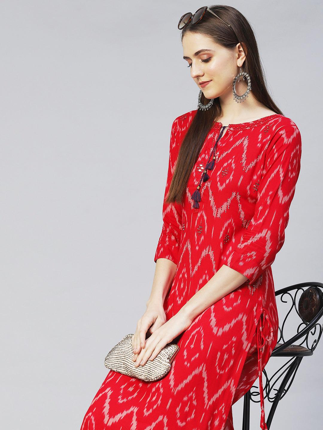 Ikat Printed & Embroidered Straight Fit Kurta with Pants - Red - Indiakreations