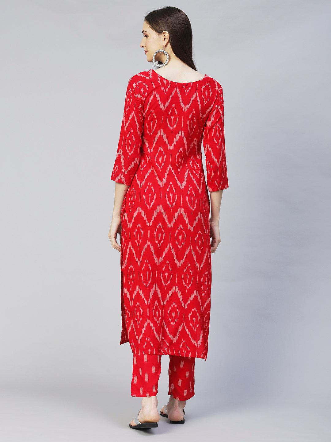 Ikat Printed & Embroidered Straight Fit Kurta with Pants - Red - Indiakreations