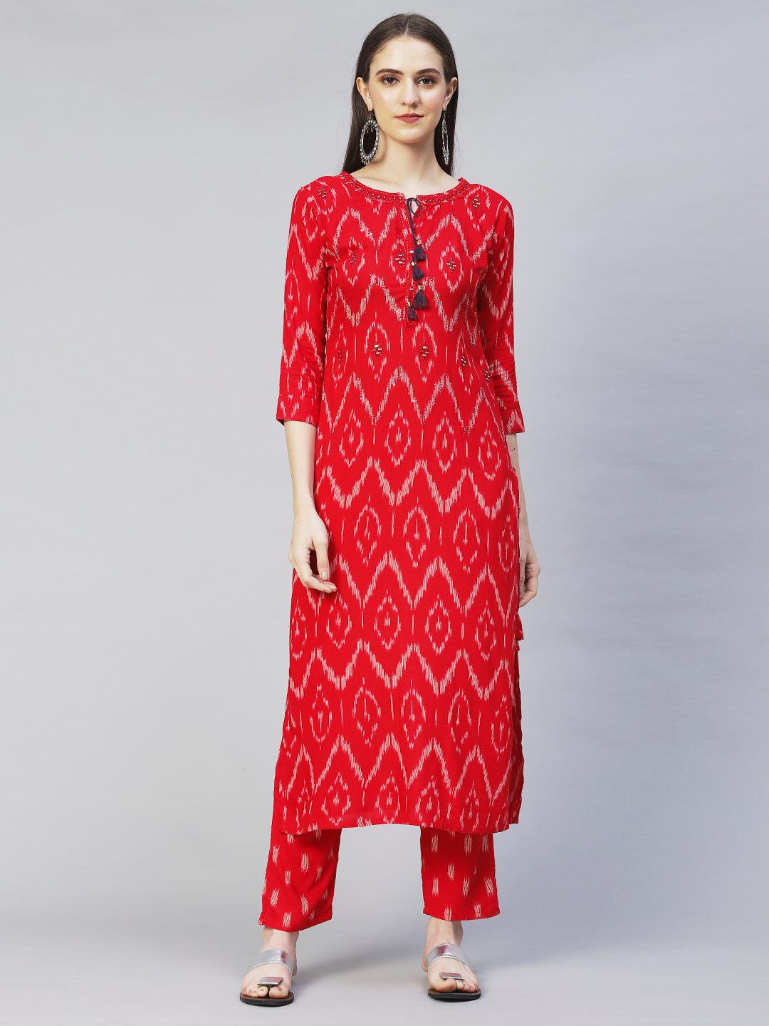 Ikat Printed & Embroidered Straight Fit Kurta with Pants - Red - Indiakreations