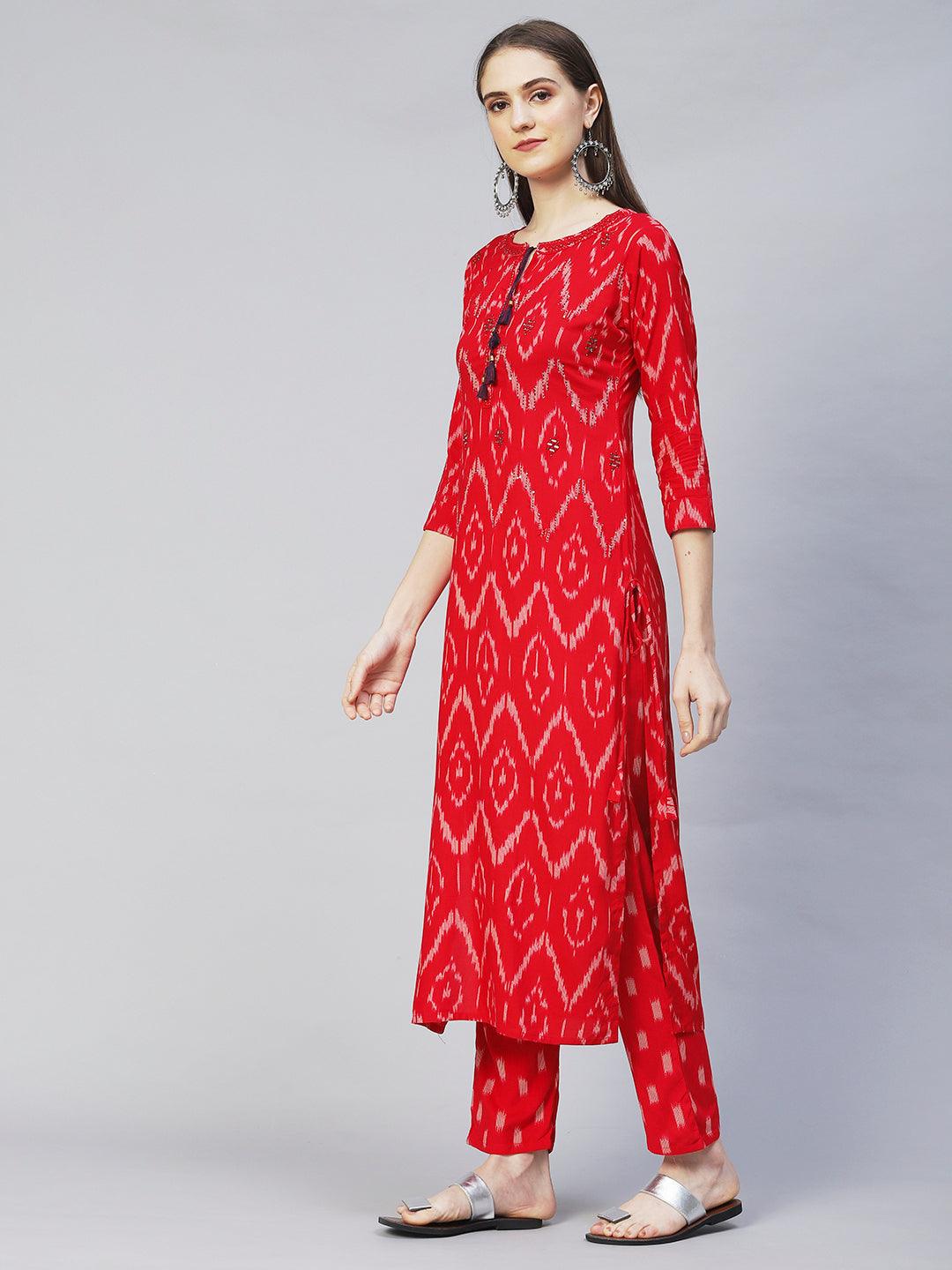 Ikat Printed & Embroidered Straight Fit Kurta with Pants - Red - Indiakreations