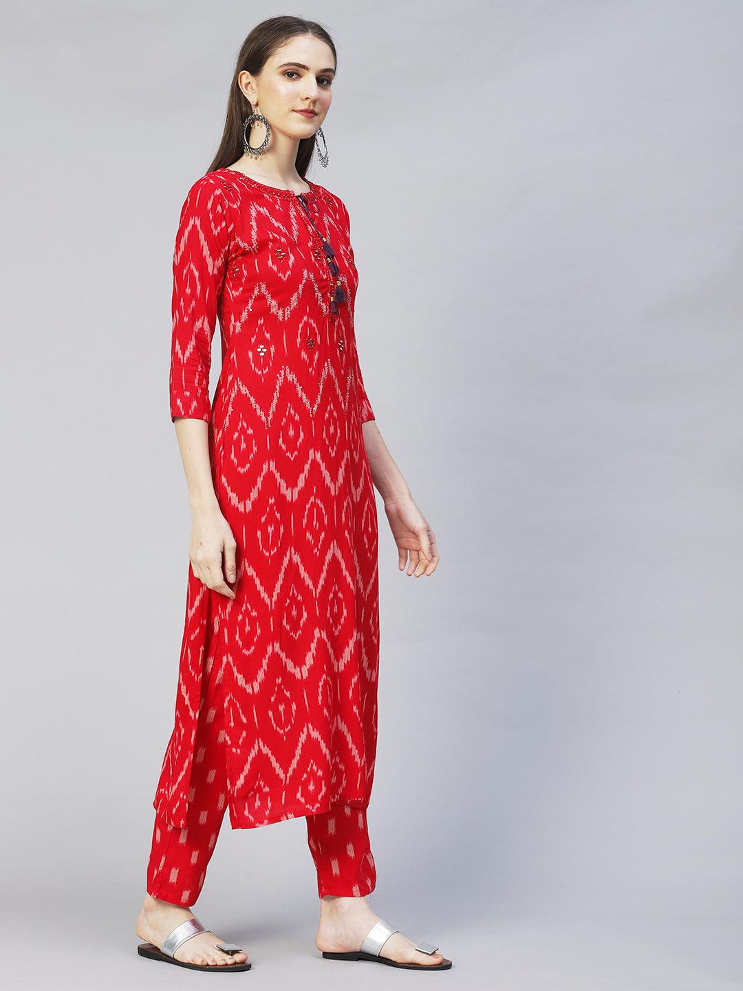 Ikat Printed & Embroidered Straight Fit Kurta with Pants - Red - Indiakreations