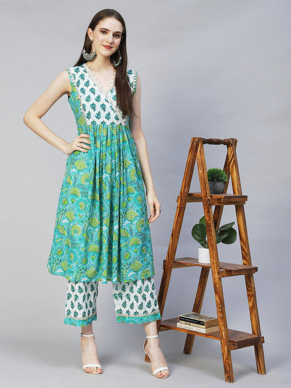 Floral Printed & Embroidered A-line Kurta with Palazzo - Green - Indiakreations