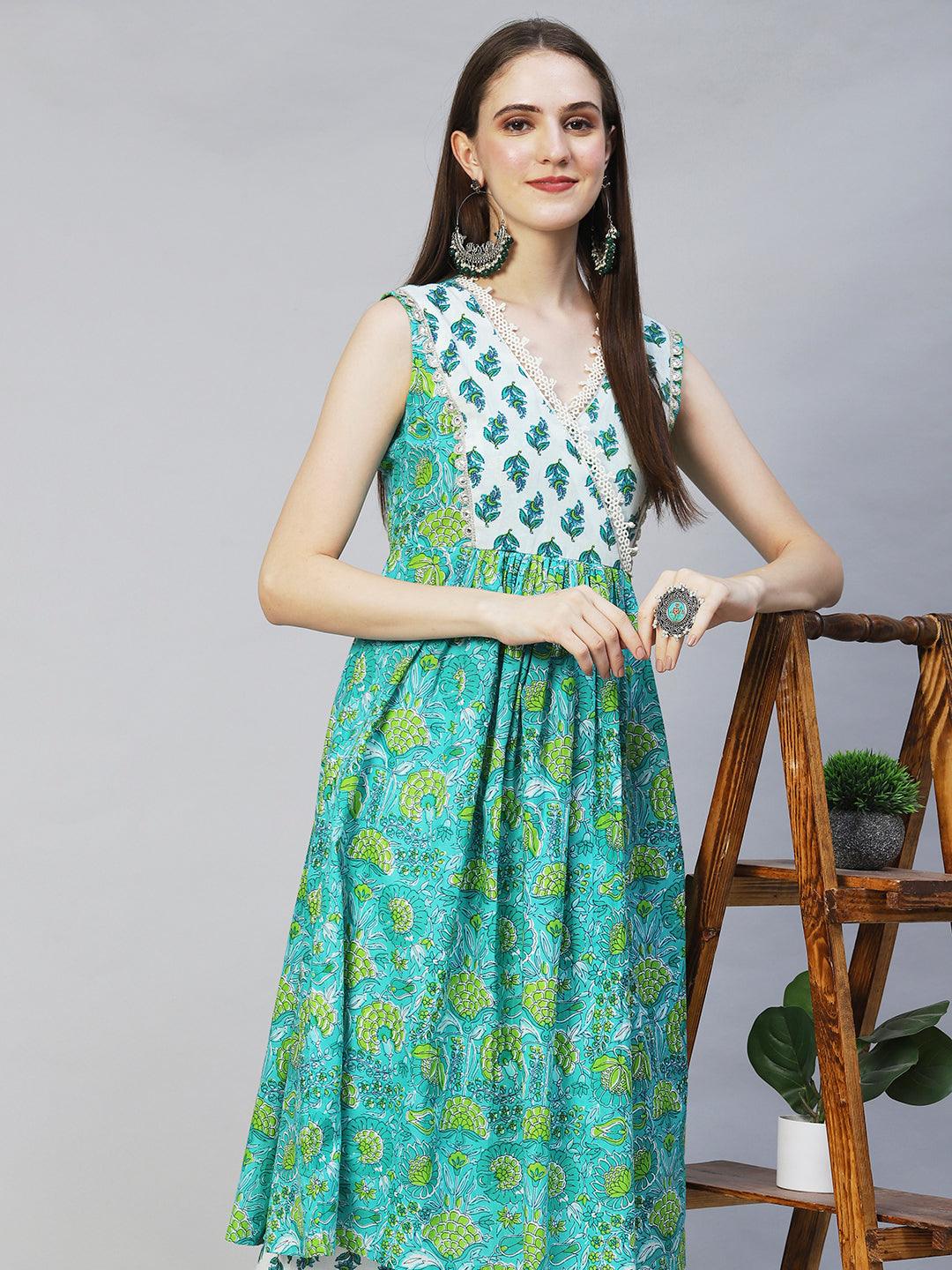 Floral Printed & Embroidered A-line Kurta with Palazzo - Green - Indiakreations