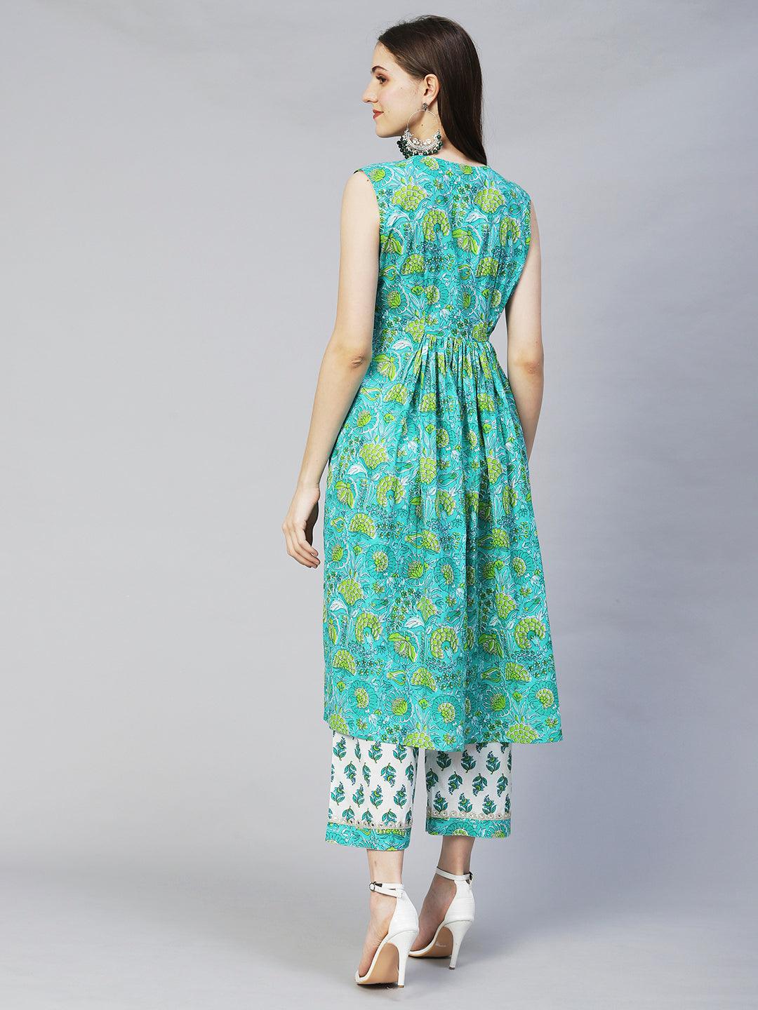 Floral Printed & Embroidered A-line Kurta with Palazzo - Green - Indiakreations