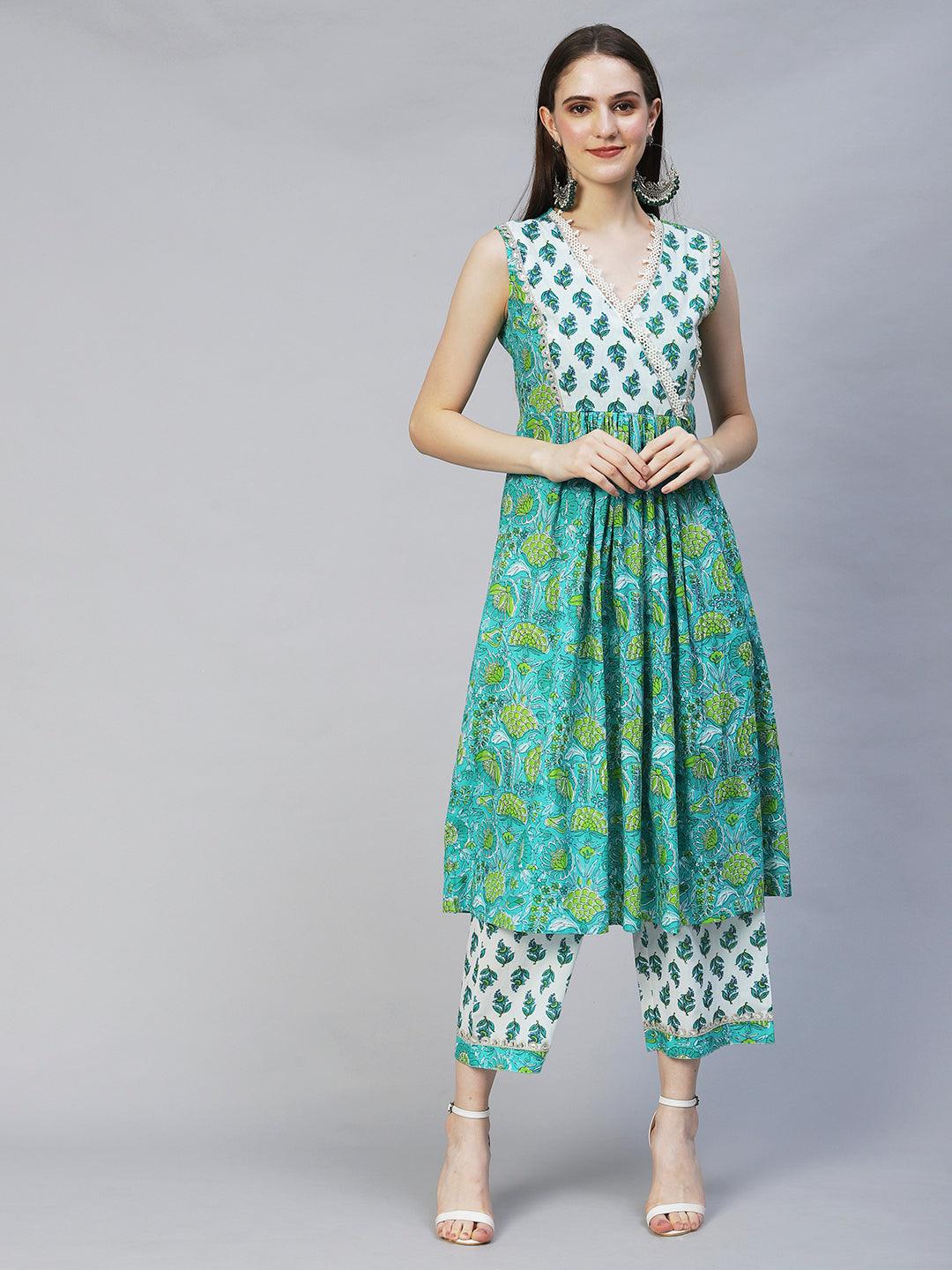 Floral Printed & Embroidered A-line Kurta with Palazzo - Green - Indiakreations