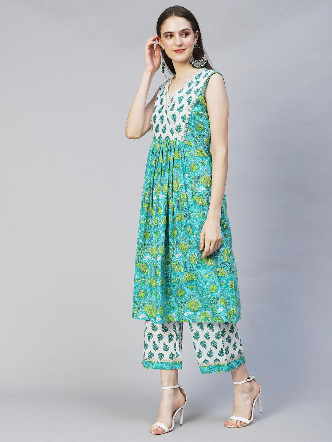 Floral Printed & Embroidered A-line Kurta with Palazzo - Green - Indiakreations