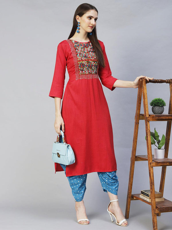 Ethnic Woven & Hand Embroidered Straight Fit Kurta – Red - Indiakreations