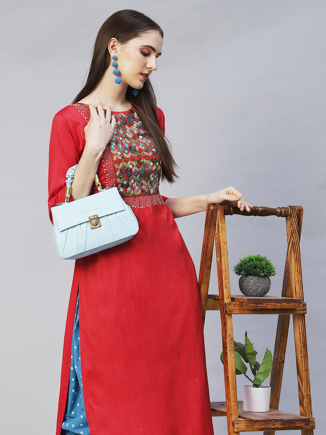 Ethnic Woven & Hand Embroidered Straight Fit Kurta – Red - Indiakreations