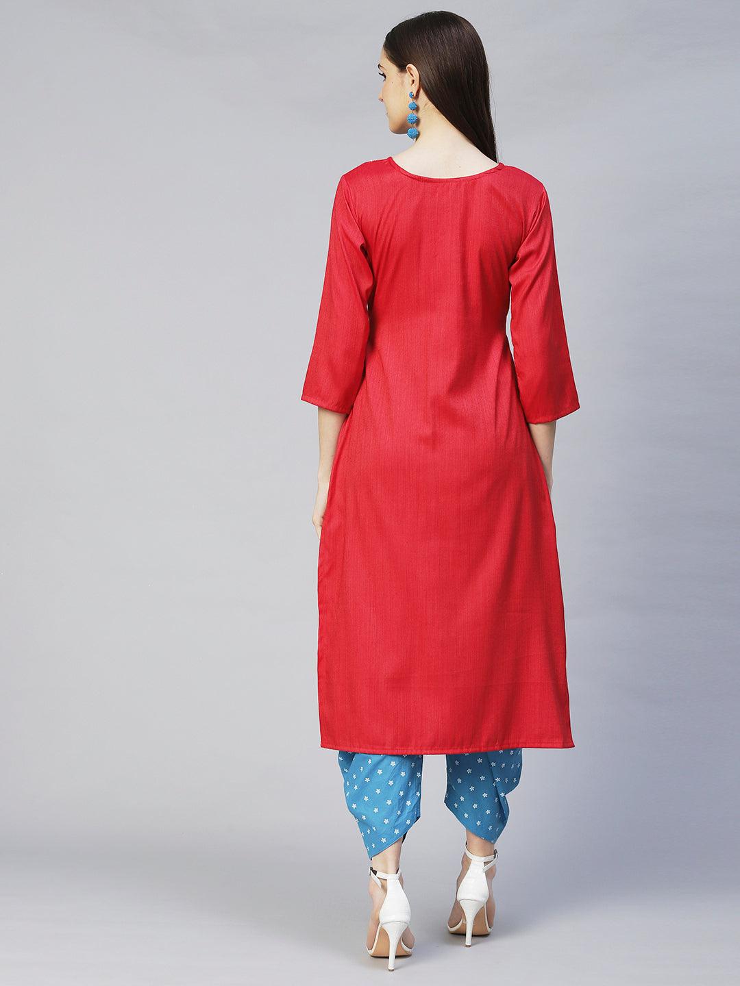 Ethnic Woven & Hand Embroidered Straight Fit Kurta – Red - Indiakreations