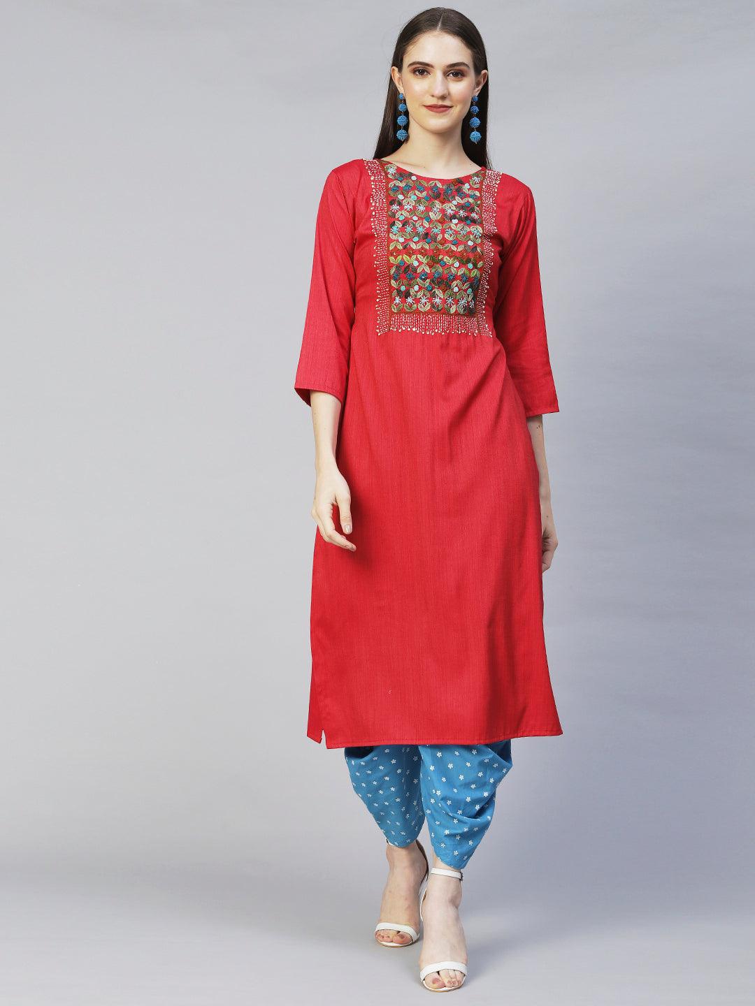 Ethnic Woven & Hand Embroidered Straight Fit Kurta – Red - Indiakreations