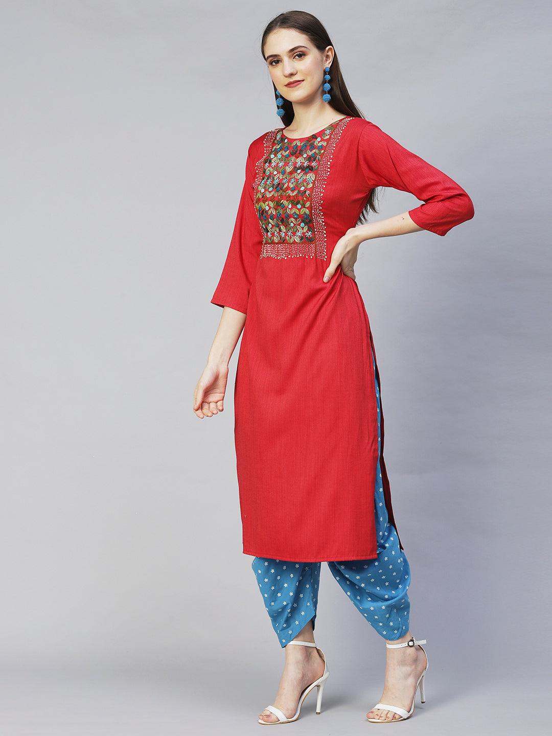 Ethnic Woven & Hand Embroidered Straight Fit Kurta – Red - Indiakreations