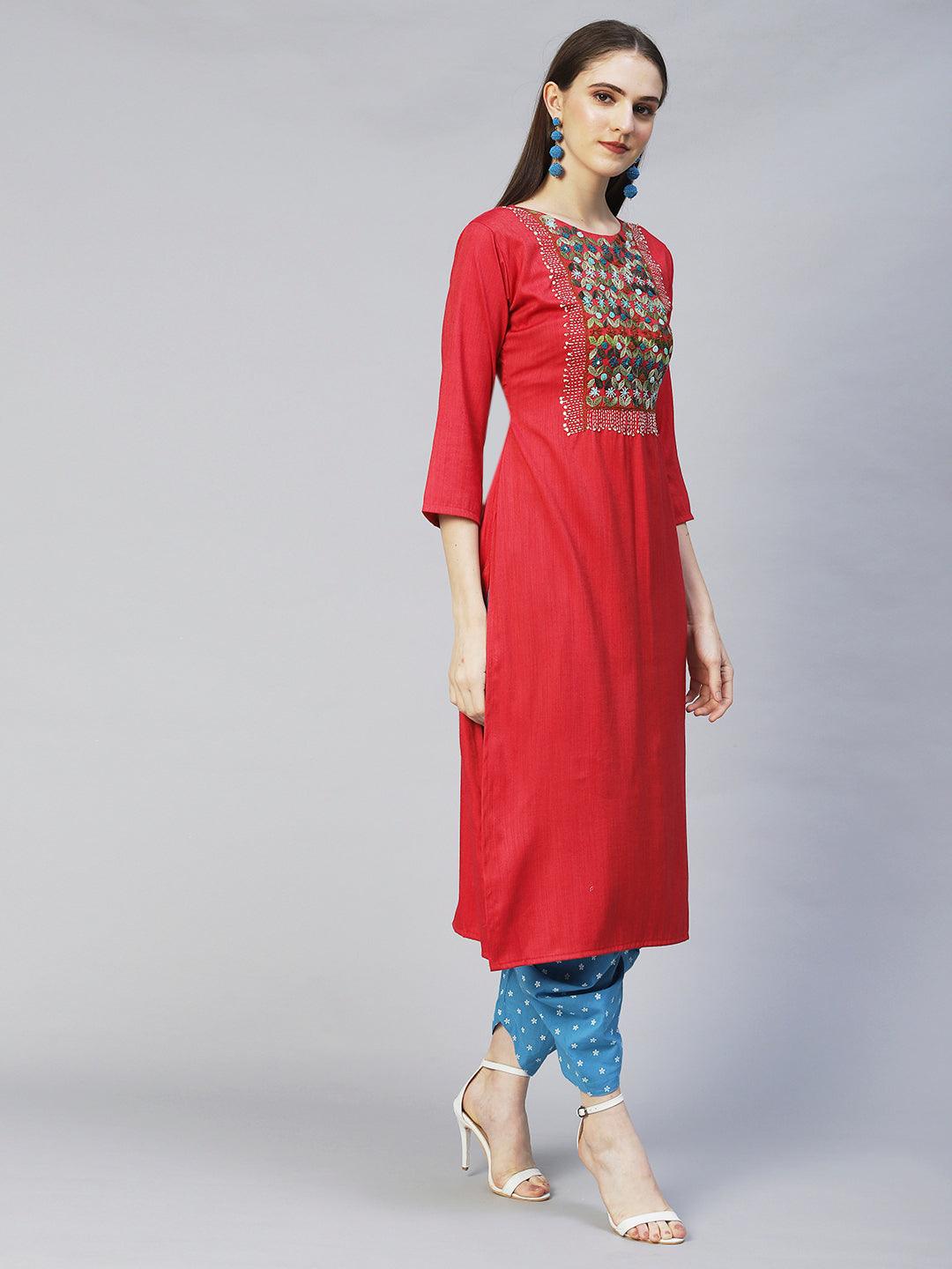 Ethnic Woven & Hand Embroidered Straight Fit Kurta – Red - Indiakreations