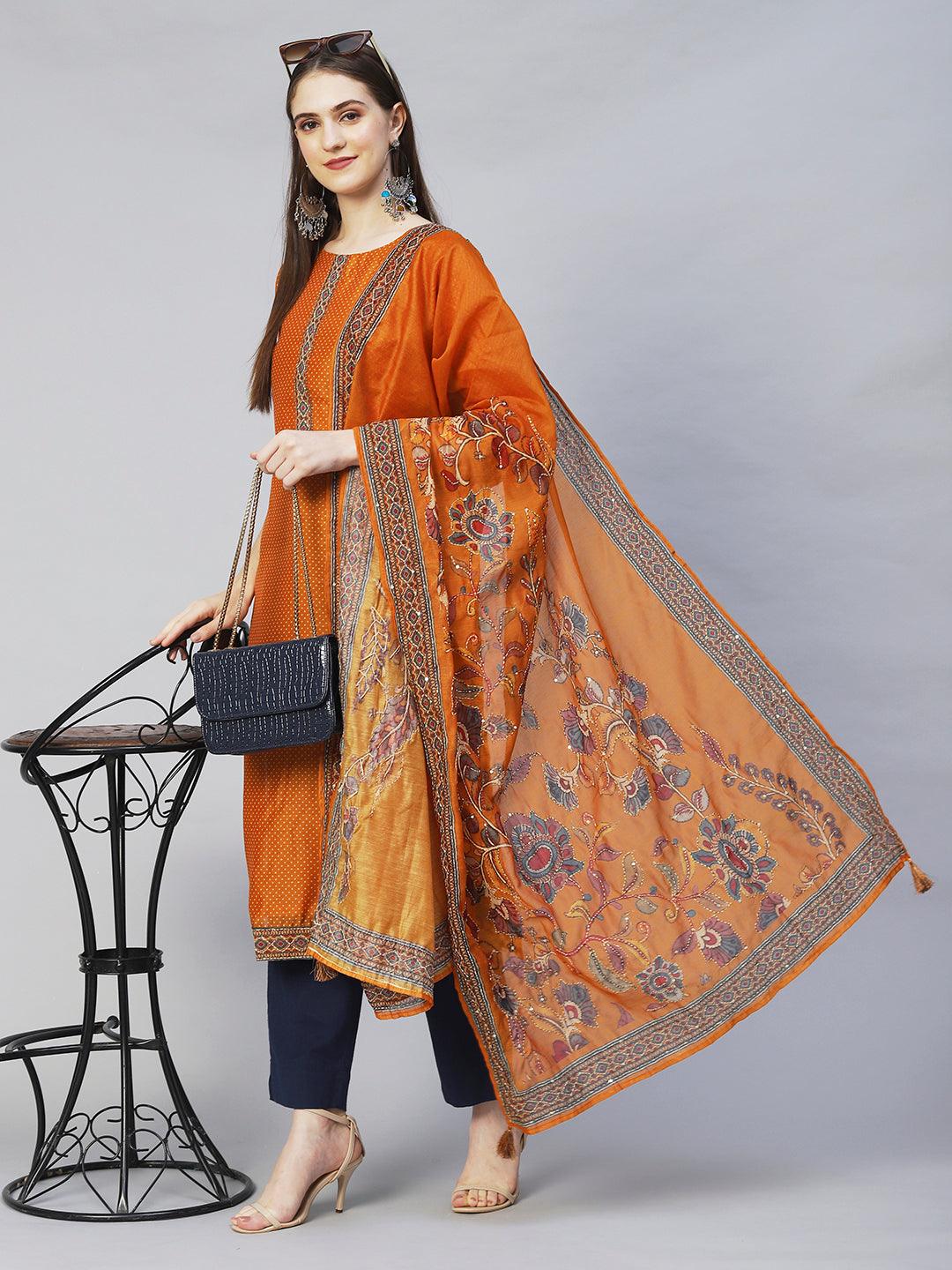 Polka Dot Printed & Hand Embroidered Straight Fit Kurta & Dupatta - Mustard - Indiakreations