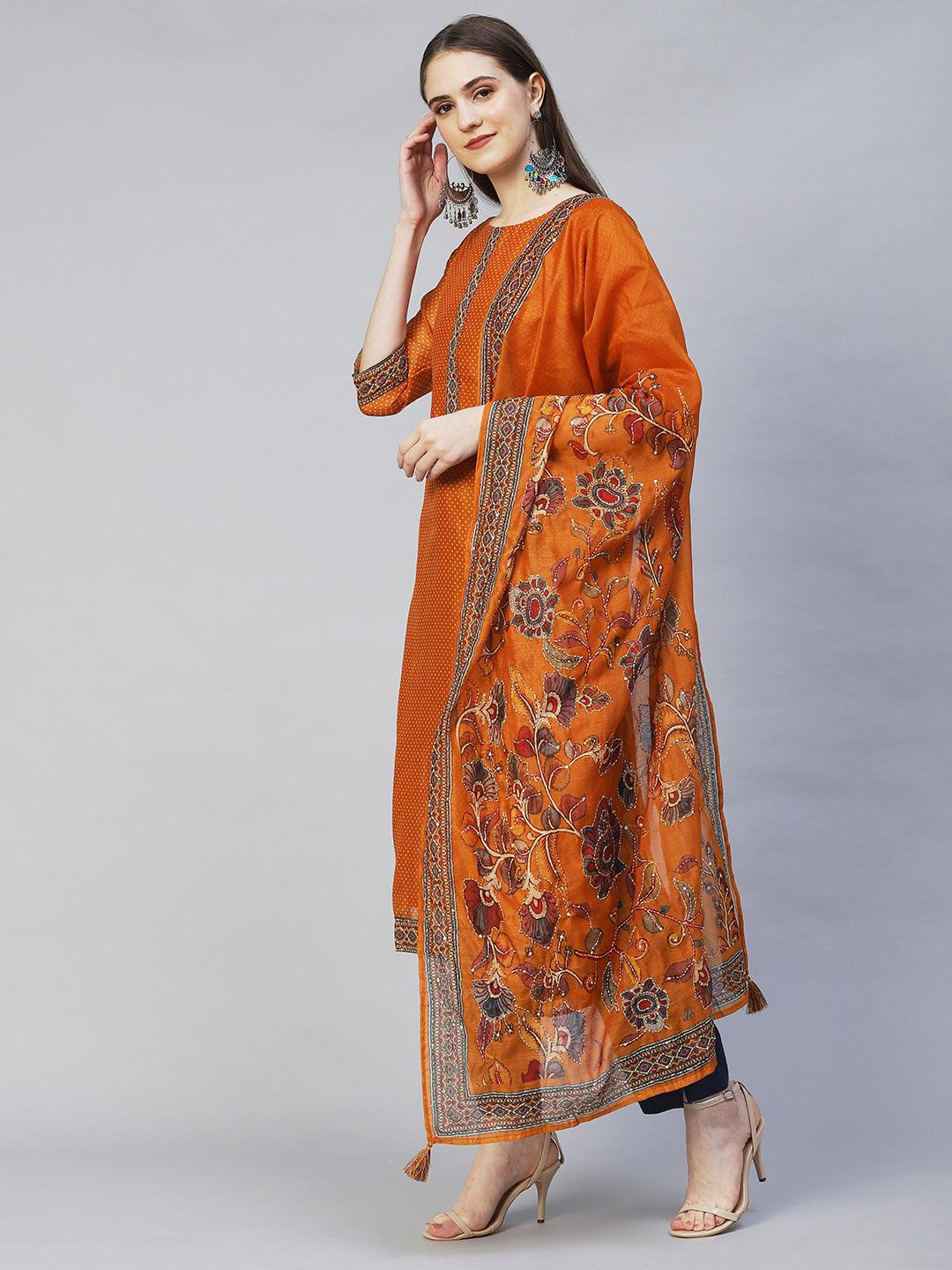 Polka Dot Printed & Hand Embroidered Straight Fit Kurta & Dupatta - Mustard - Indiakreations