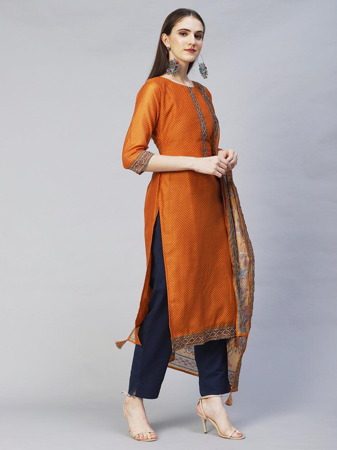 Polka Dot Printed & Hand Embroidered Straight Fit Kurta & Dupatta - Mustard - Indiakreations