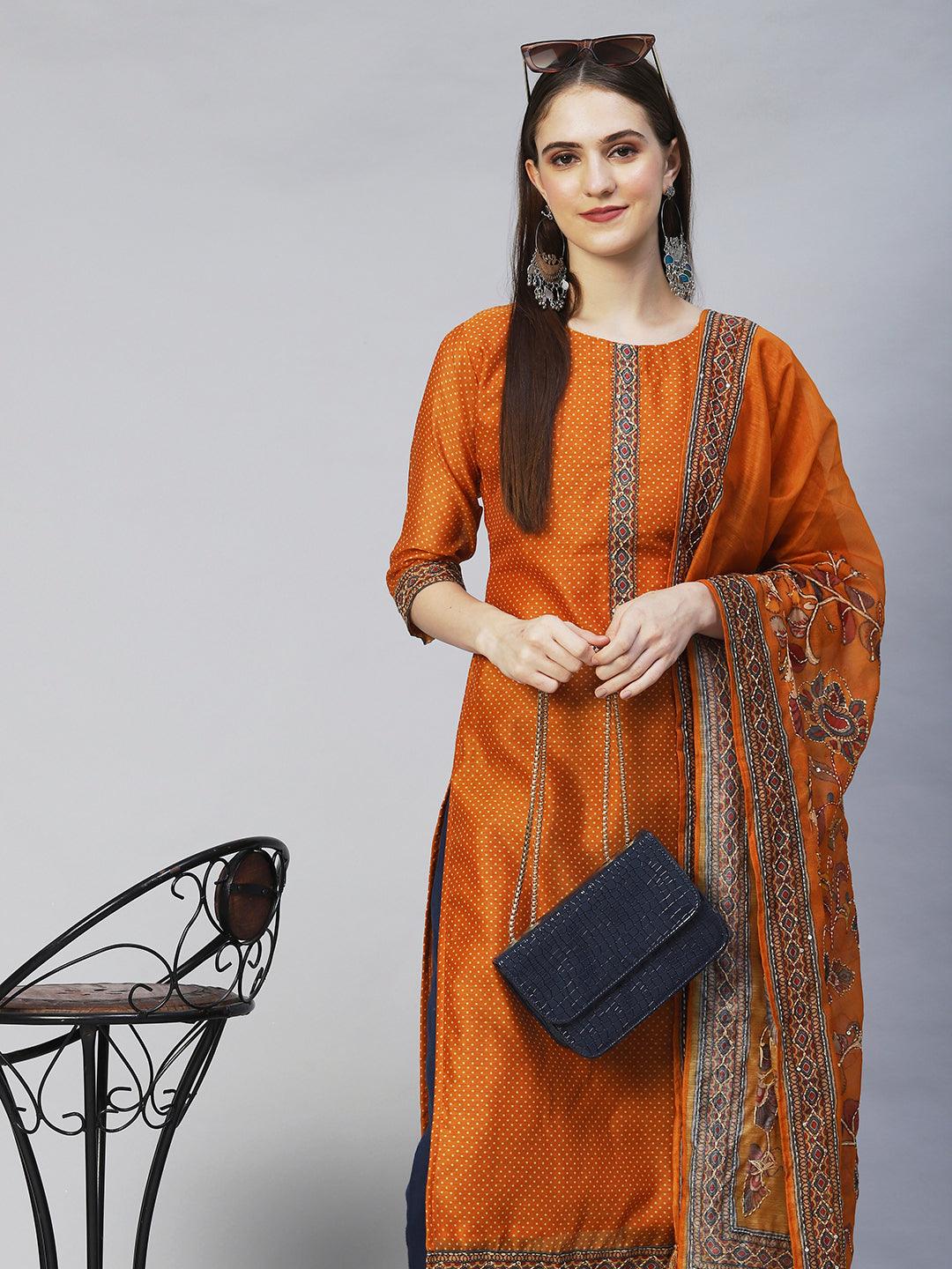 Polka Dot Printed & Hand Embroidered Straight Fit Kurta & Dupatta - Mustard - Indiakreations