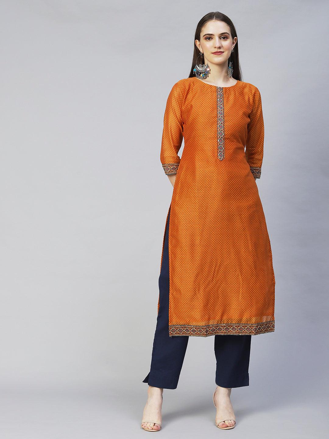 Polka Dot Printed & Hand Embroidered Straight Fit Kurta & Dupatta - Mustard - Indiakreations