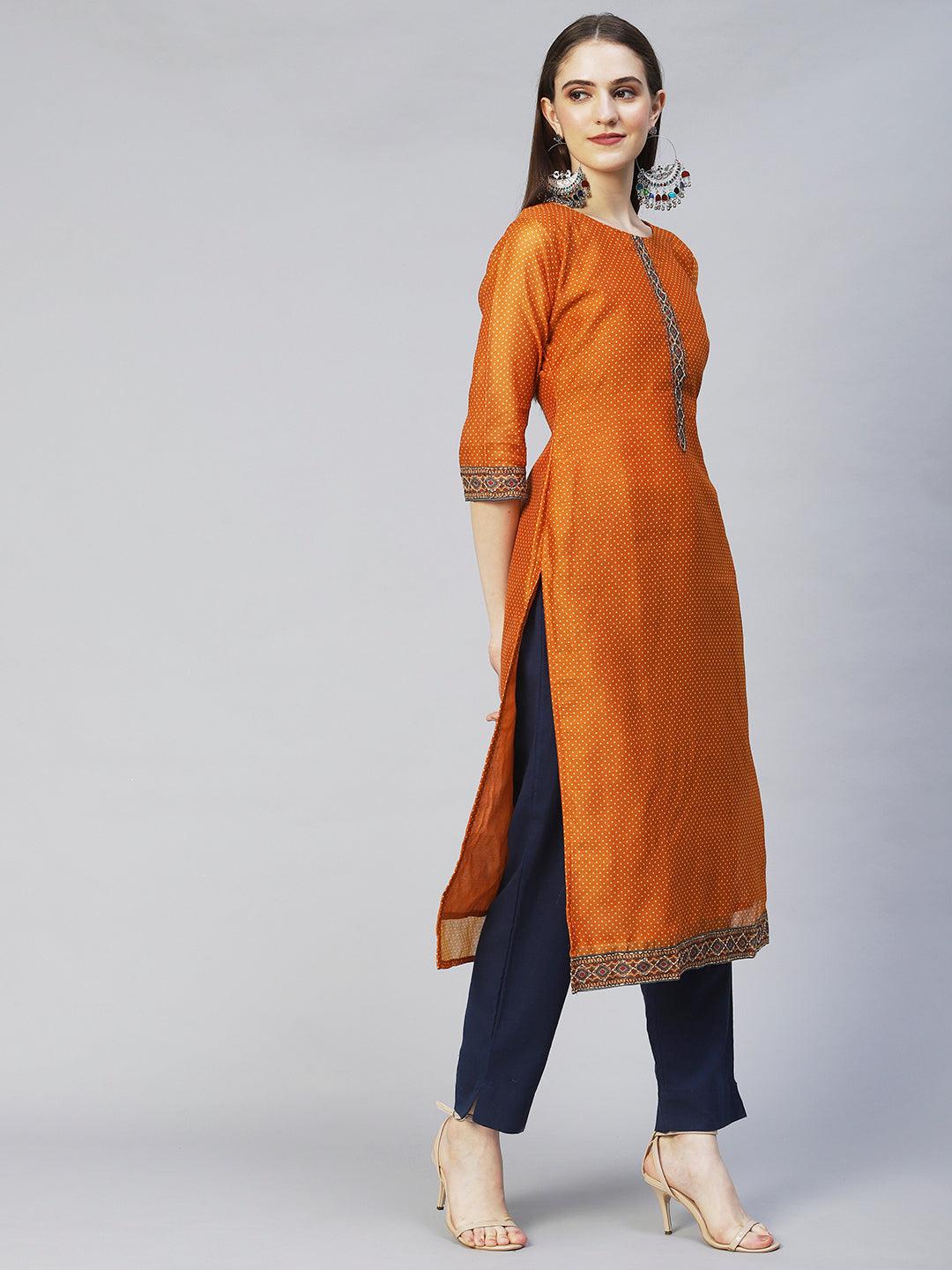 Polka Dot Printed & Hand Embroidered Straight Fit Kurta & Dupatta - Mustard - Indiakreations