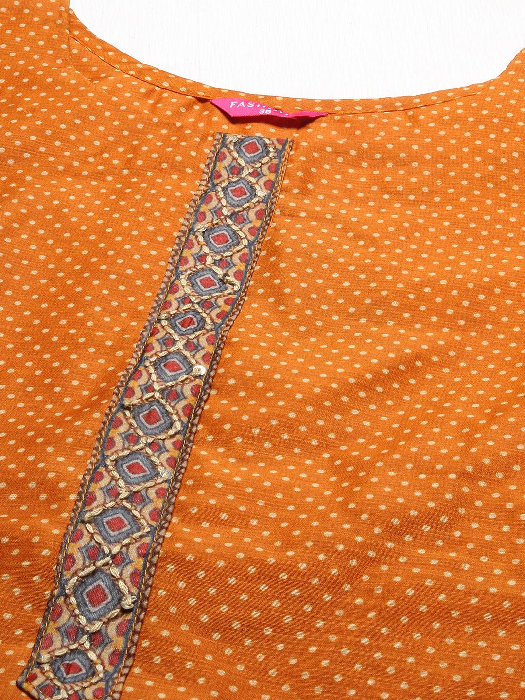 Polka Dot Printed & Hand Embroidered Straight Fit Kurta & Dupatta - Mustard - Indiakreations