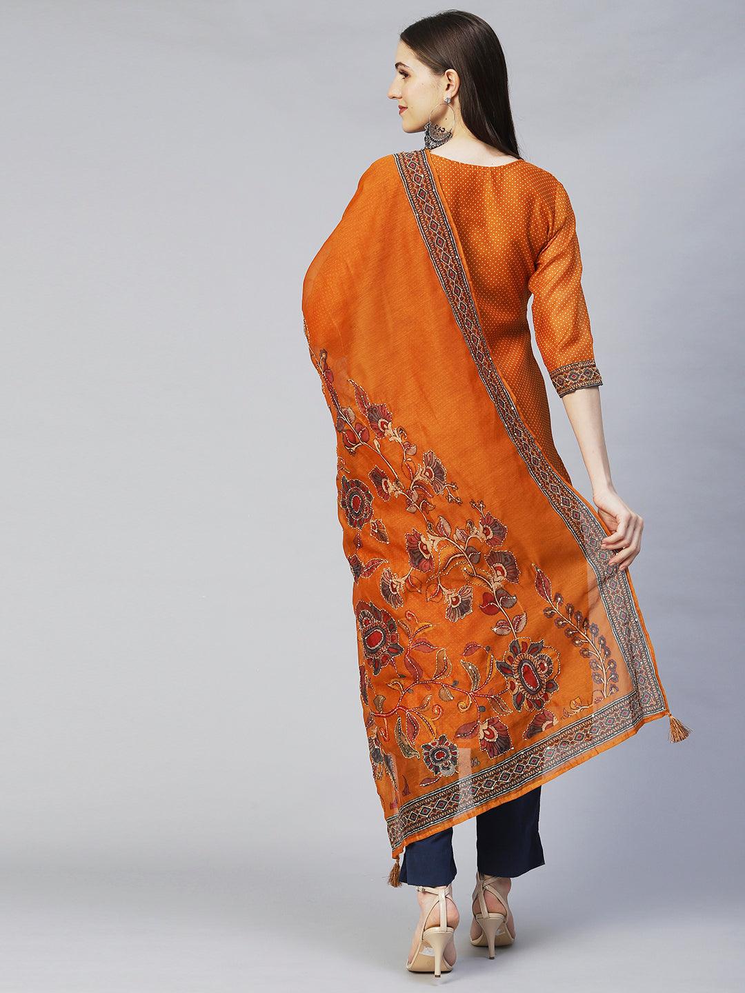 Polka Dot Printed & Hand Embroidered Straight Fit Kurta & Dupatta - Mustard - Indiakreations