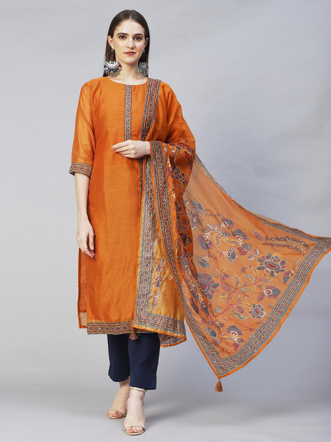 Polka Dot Printed & Hand Embroidered Straight Fit Kurta & Dupatta - Mustard - Indiakreations