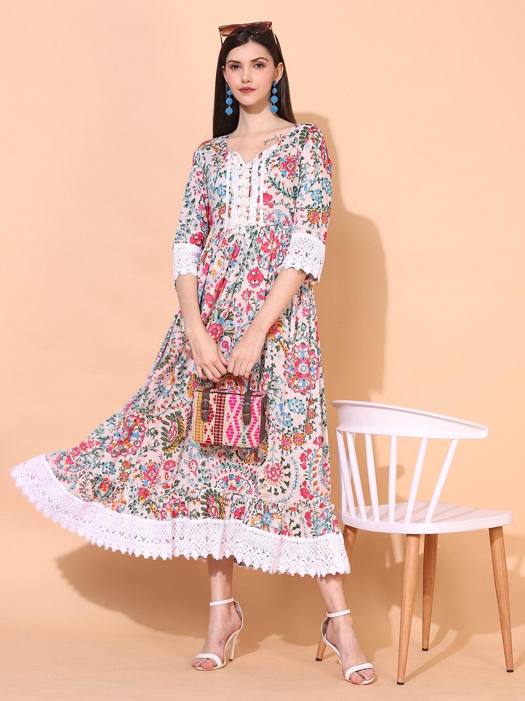 Floral Printed A - Line Flared Maxi Dress - Off White - Indiakreations