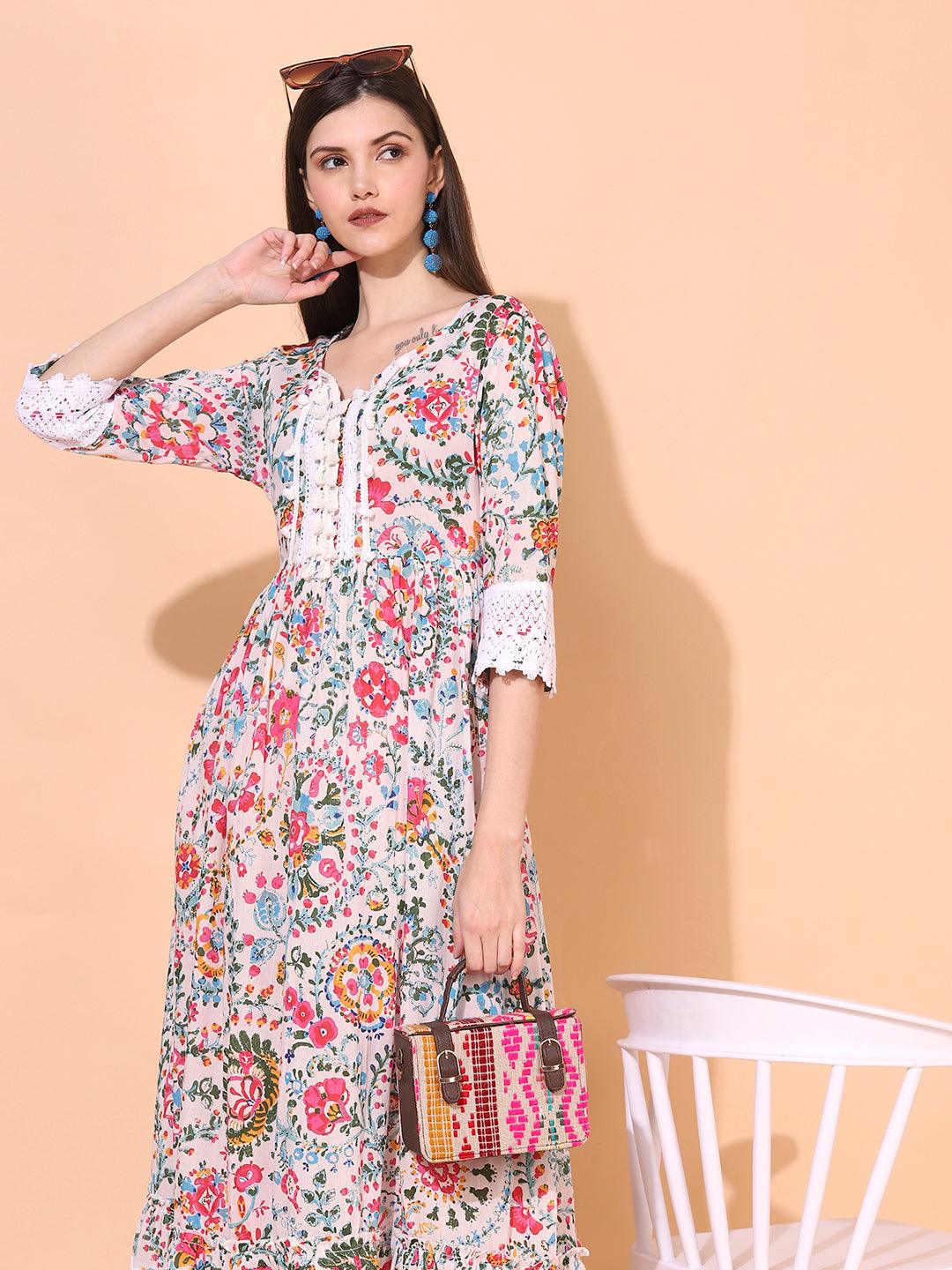 Floral Printed A - Line Flared Maxi Dress - Off White - Indiakreations