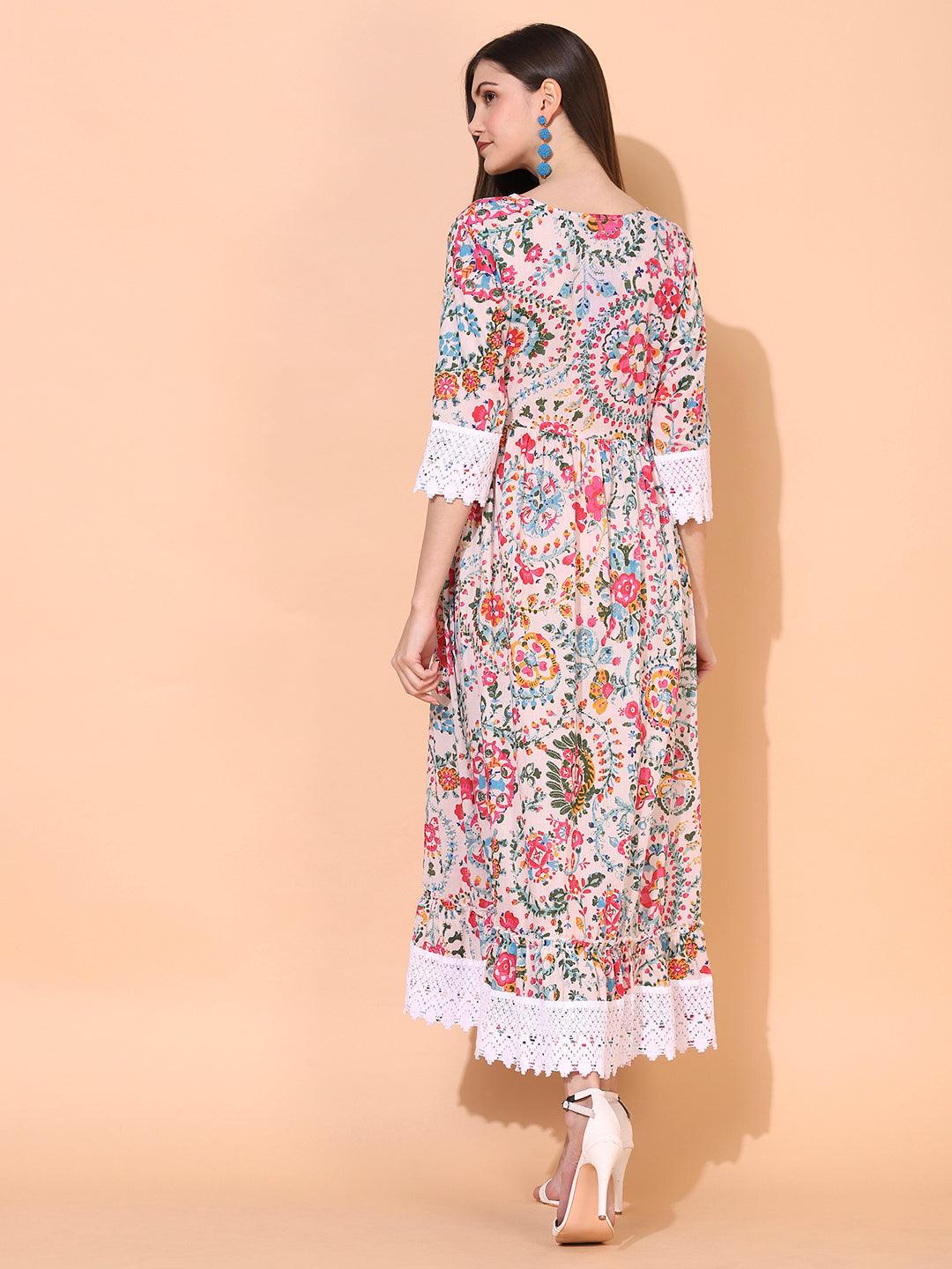 Floral Printed A - Line Flared Maxi Dress - Off White - Indiakreations