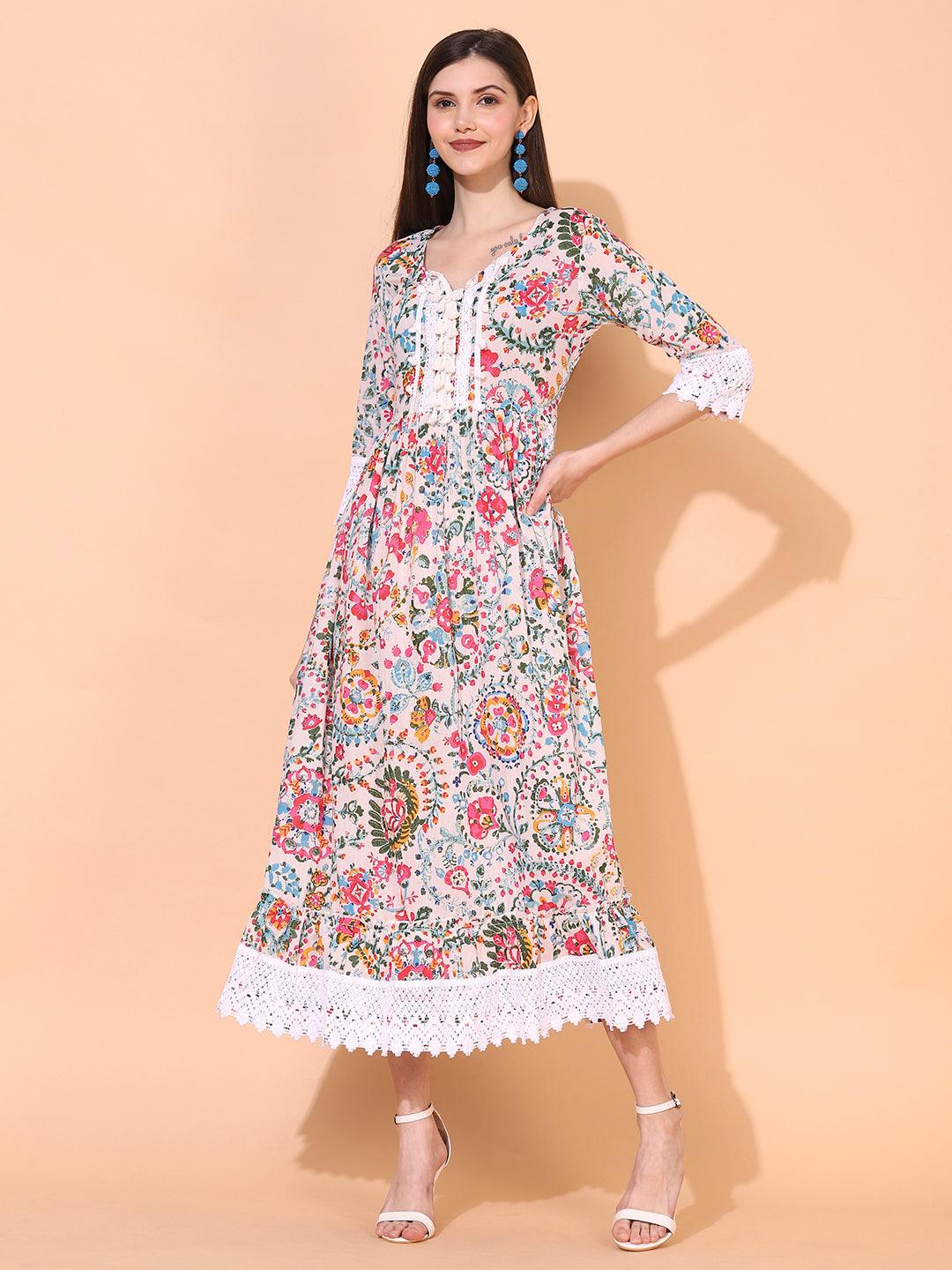 Floral Printed A - Line Flared Maxi Dress - Off White - Indiakreations