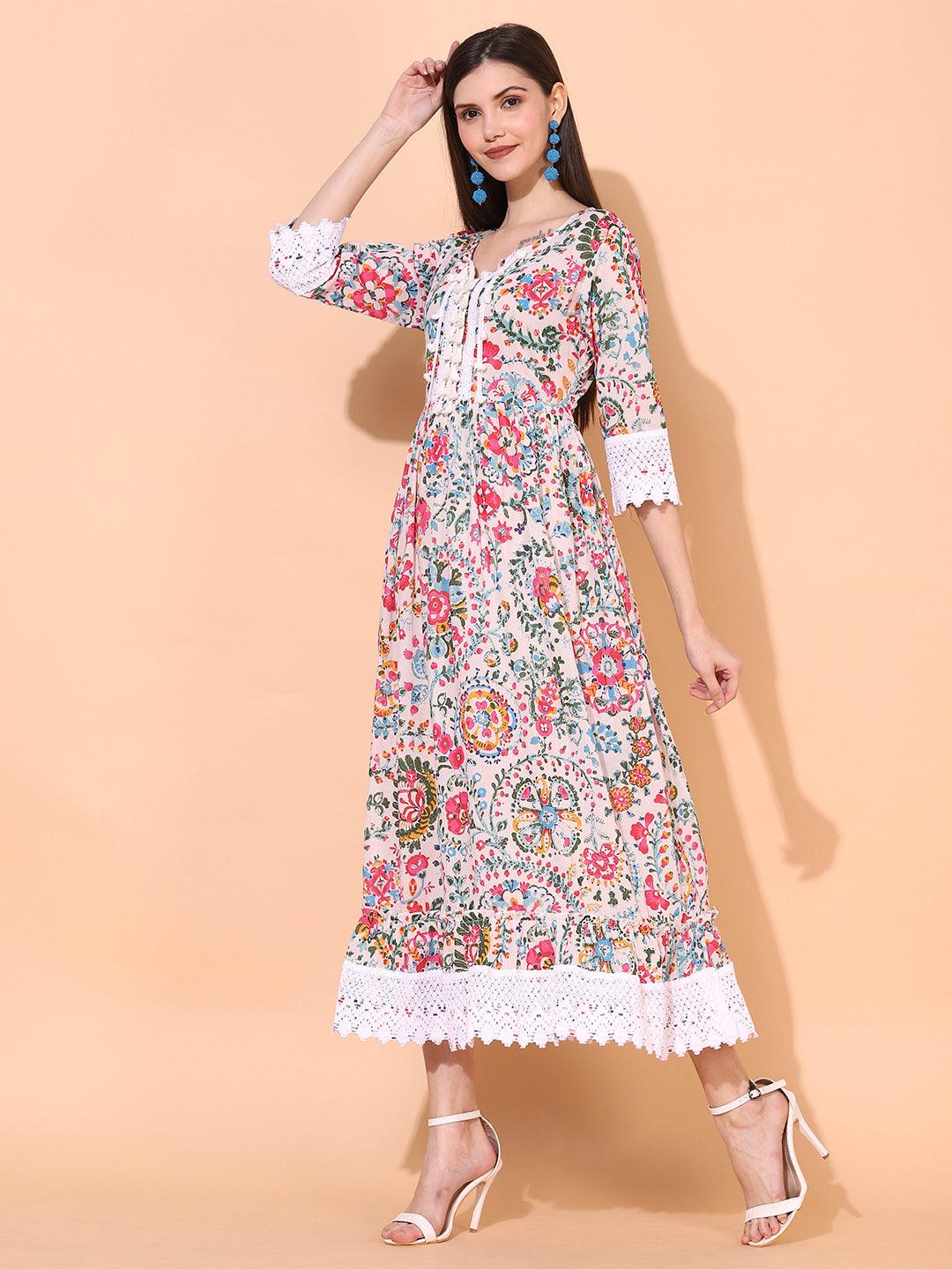 Floral Printed A - Line Flared Maxi Dress - Off White - Indiakreations