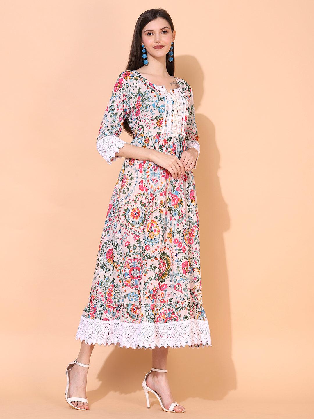 Floral Printed A - Line Flared Maxi Dress - Off White - Indiakreations