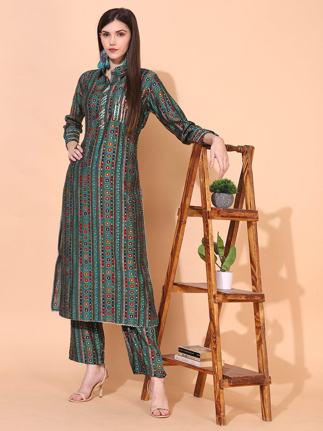 Ethnic Printed & Embroidered Straight Fit Kurta with Pants - Green - Indiakreations