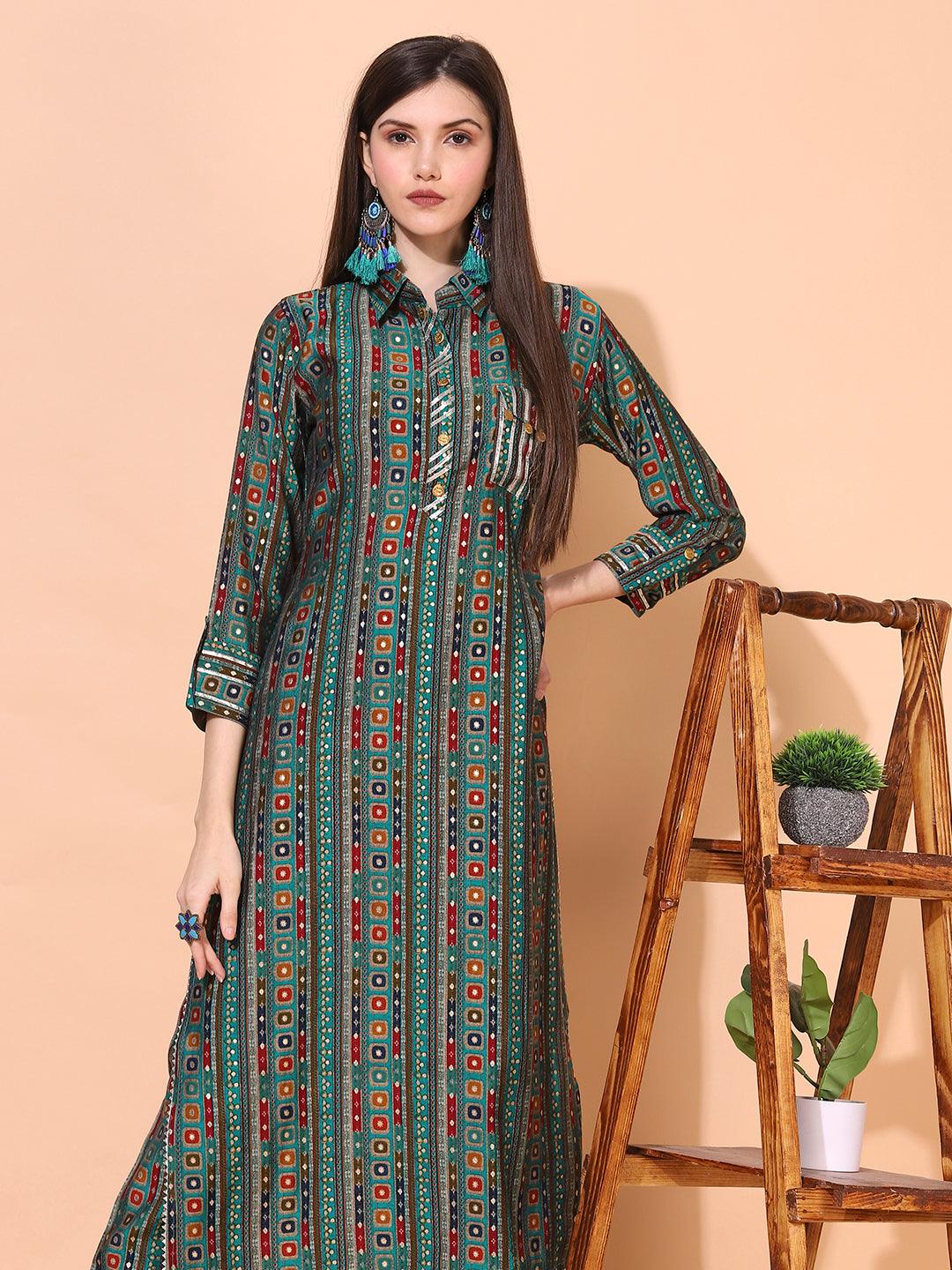 Ethnic Printed & Embroidered Straight Fit Kurta with Pants - Green - Indiakreations