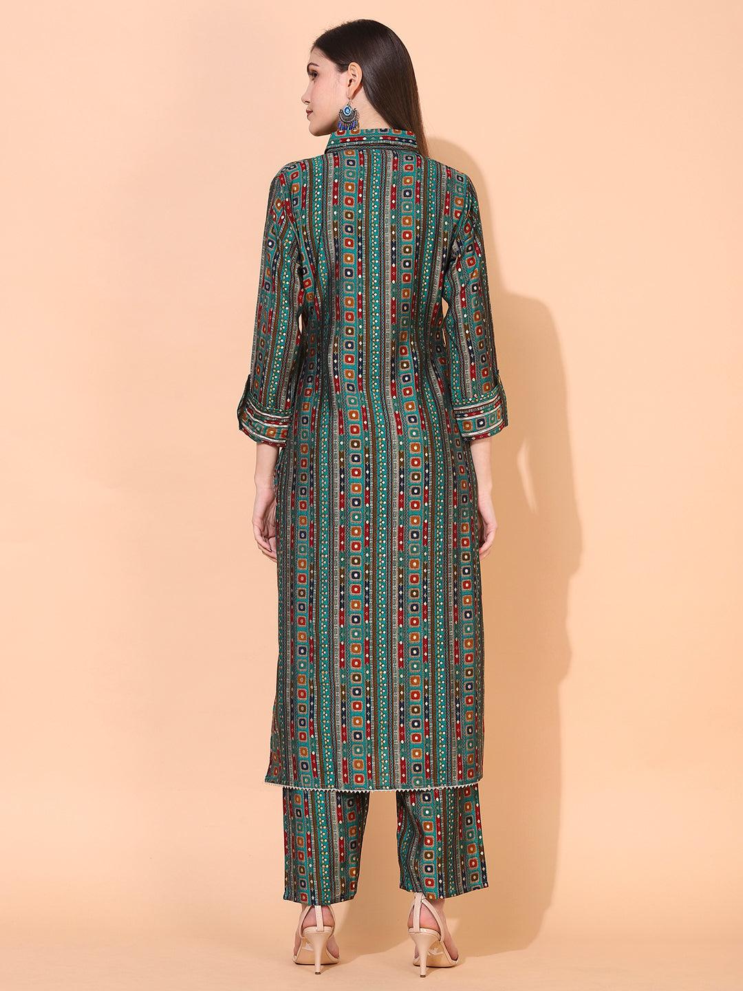 Ethnic Printed & Embroidered Straight Fit Kurta with Pants - Green - Indiakreations