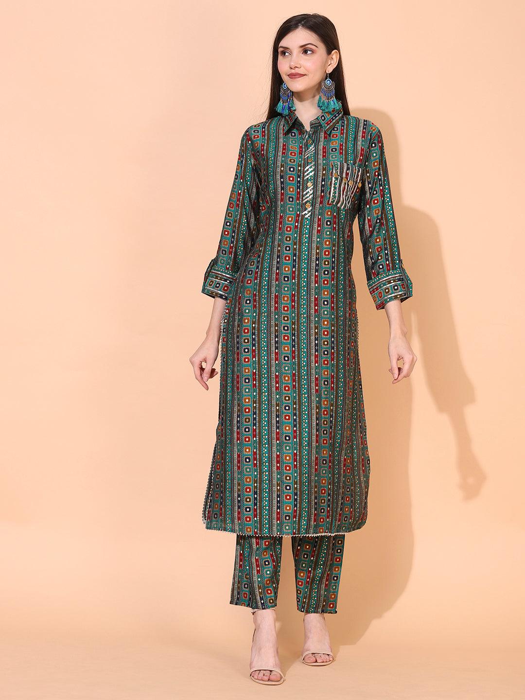 Ethnic Printed & Embroidered Straight Fit Kurta with Pants - Green - Indiakreations