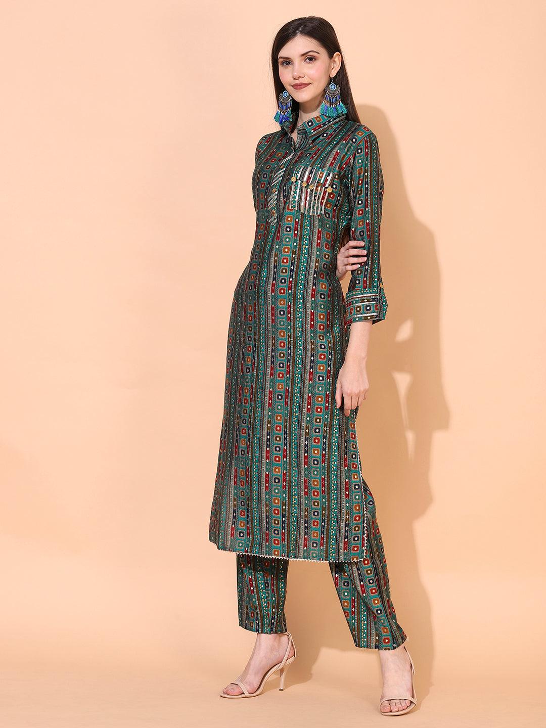 Ethnic Printed & Embroidered Straight Fit Kurta with Pants - Green - Indiakreations