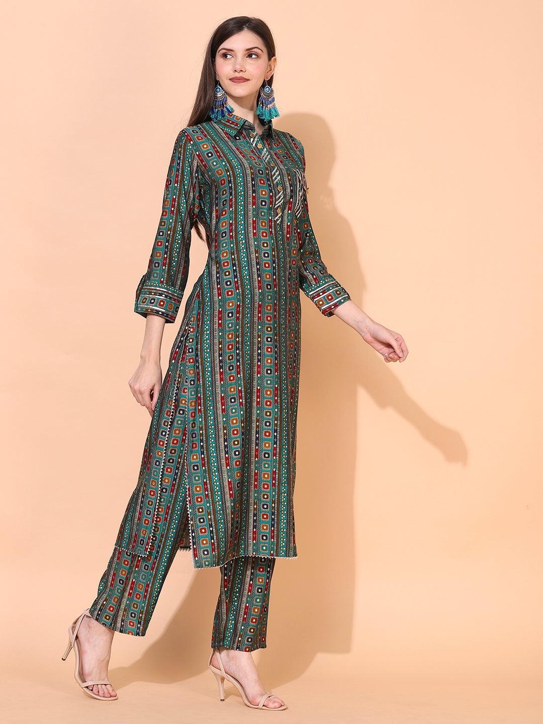 Ethnic Printed & Embroidered Straight Fit Kurta with Pants - Green - Indiakreations