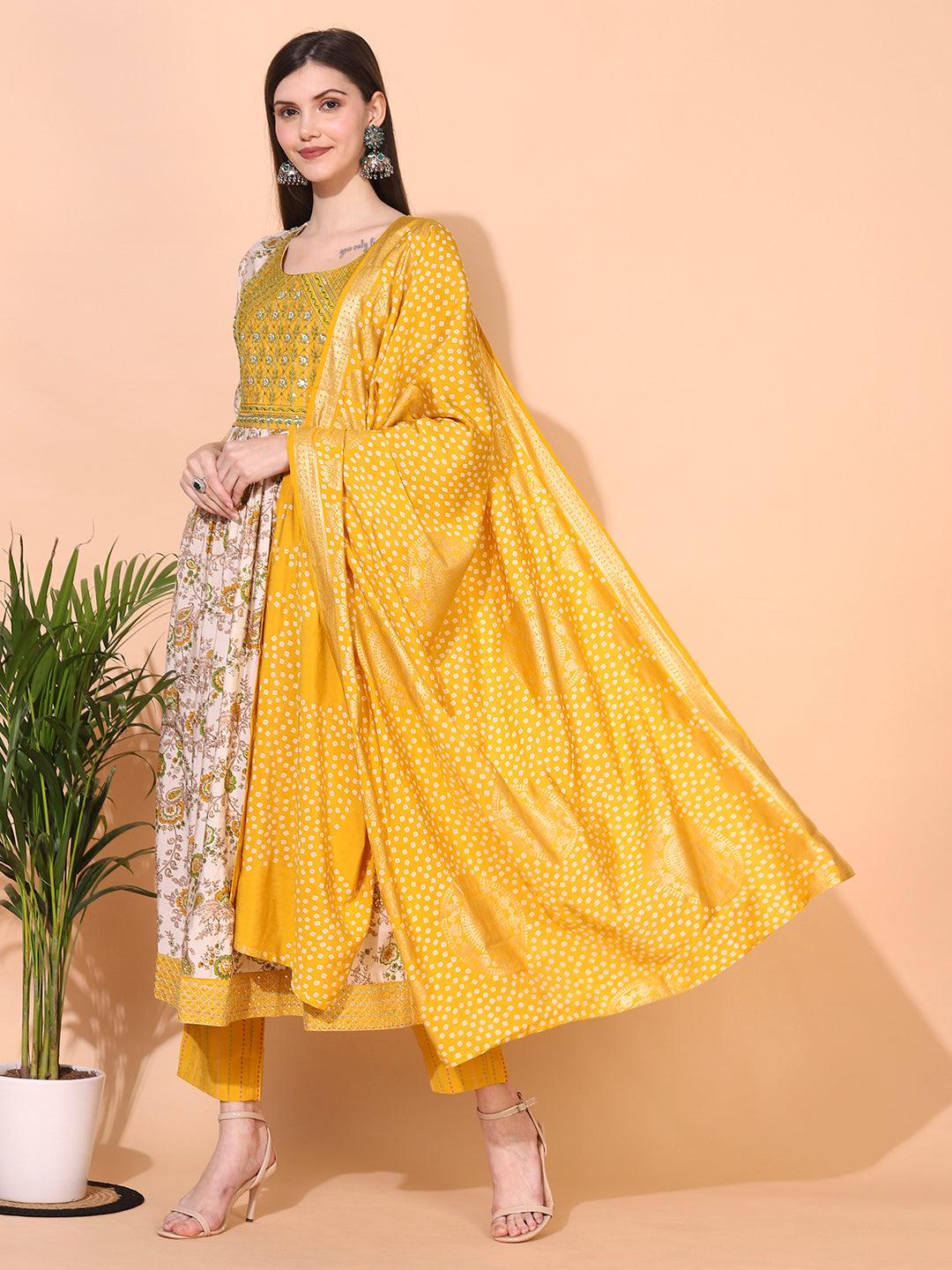 Floral Printed & Embroidered A-Line Kurta with Pants & Dupatta - Cream - Indiakreations